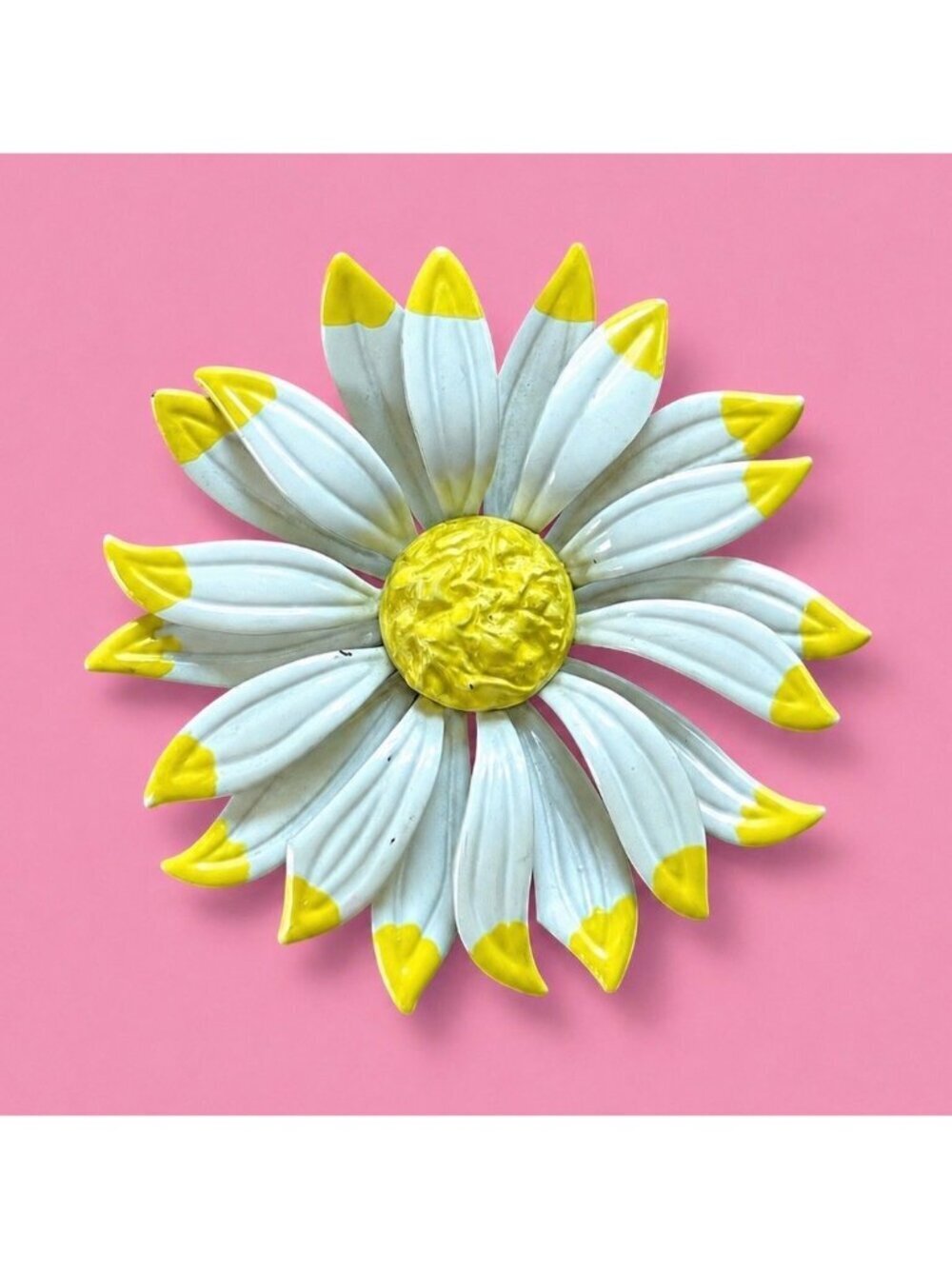 Vintage 1960s Enamel Flower Brooch Yellow White Large 2 1/2" Pop Art MOD Pin
